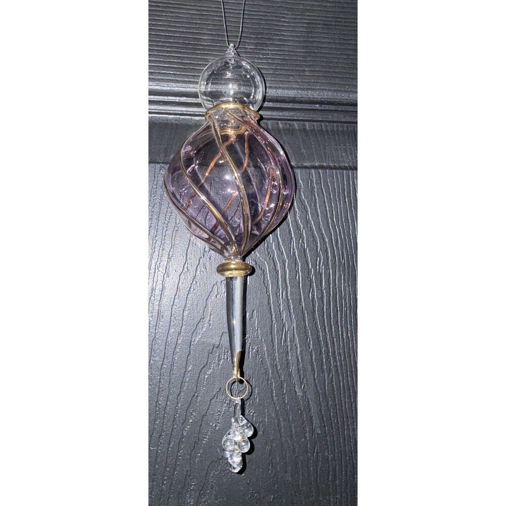 Vintage Pink Glass Teardrop Ornament Gold Wire Cage Crystal Dangle